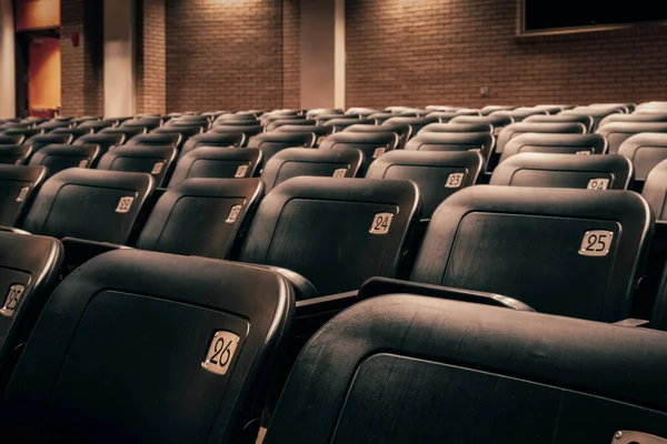 Rangées Sièges Théâtre Numérotés Dans Théâtre Auditorium Sombre Vide — Photo