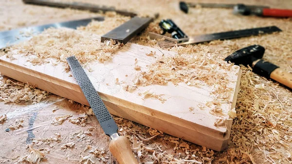 Closeup Shot Carpentry Tools Wooden Panel — Stock Photo, Image