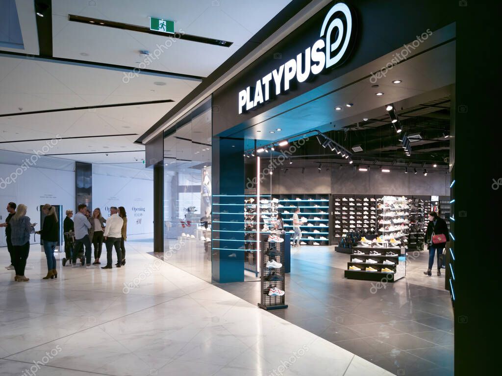 AUCKLAND, NEW ZEALAND - Oct 07, 2019: View of Platypus footwear store in Westfield Newmarket Shopping Centre mall