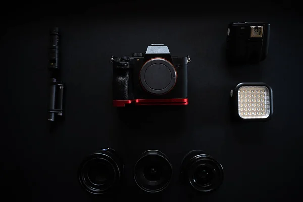 Flat Lay Equipment Photographer Isolated Black Background — Stock Photo, Image