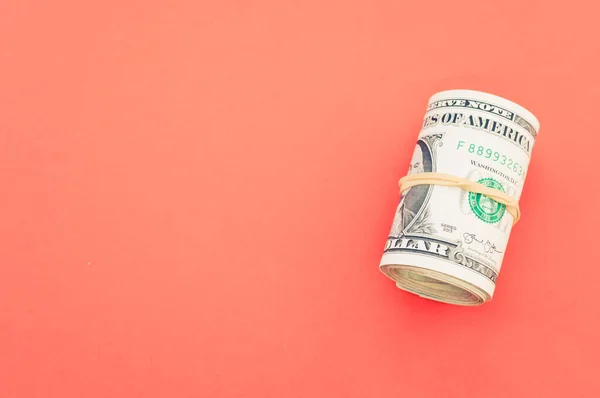 High Angle Shot Rolled Dollar Bills Red Surface — Stock Photo, Image