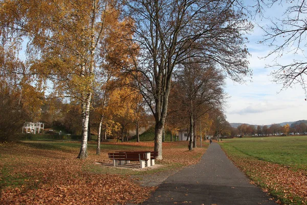 Piękny Park Ławkami Trasą Jesienią — Zdjęcie stockowe