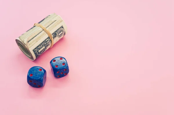 High Angle Shot Rolled Dollar Bills Dices Pink Surface — Stock Photo, Image