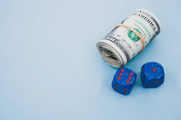 High Angle Shot Rolled Dollar Bills Dices Blue Surface — Stock Photo, Image