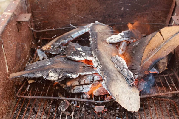 Zbliżenie Ujęcia Płonącego Drewna Grillu — Zdjęcie stockowe