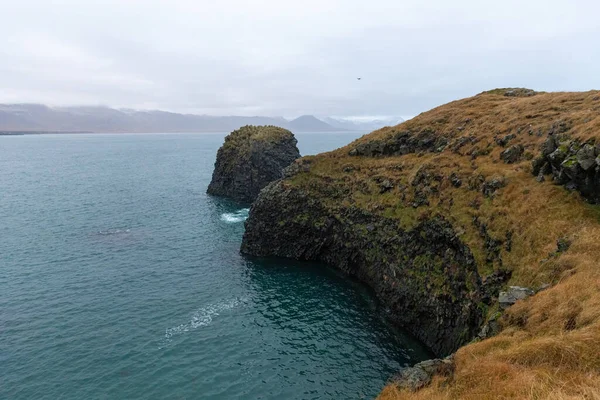 Paisaje Costa Arnarstapi Rodeado Por Mar Bajo Cielo Nublado Snaefellsnes —  Fotos de Stock