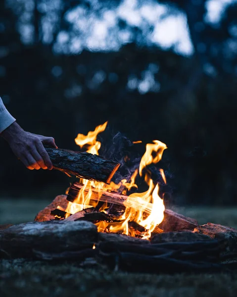 Homme Mettant Une Bûche Dans Feu Joie Soir — Photo