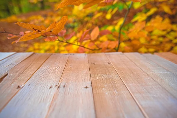 Eine Selektive Fokusaufnahme Von Holzplanken Und Bunten Herbstblättern — Stockfoto