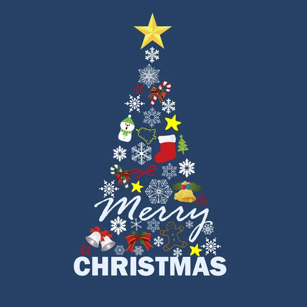 Иллюстрация Праздничной Елки Украшенной Красочными Орнаментами Текстом Merry Christmas Синем — стоковое фото