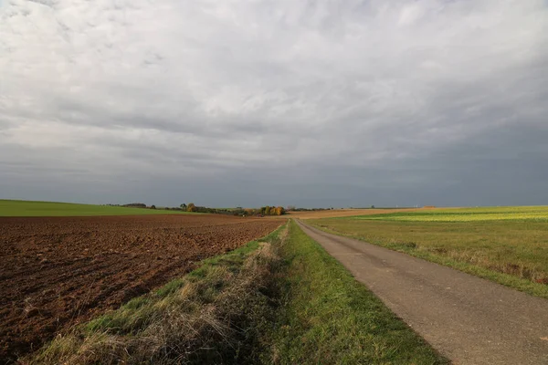 Uma Paisagem Outono Com Prados Campos Pela Manhã — Fotografia de Stock