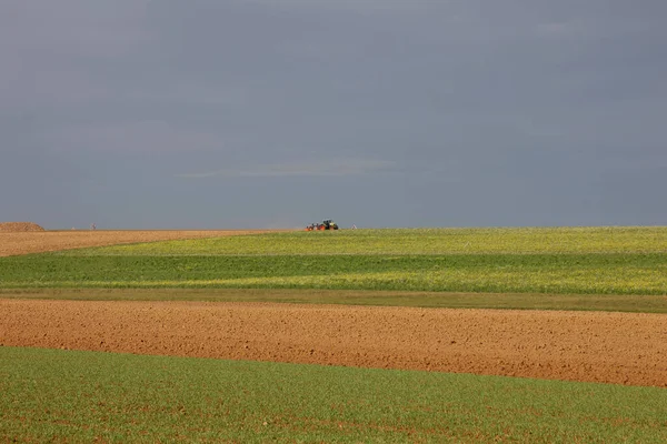 Paisaje Otoñal Con Prados Campos Por Mañana Tractor Para Trabajos — Foto de Stock