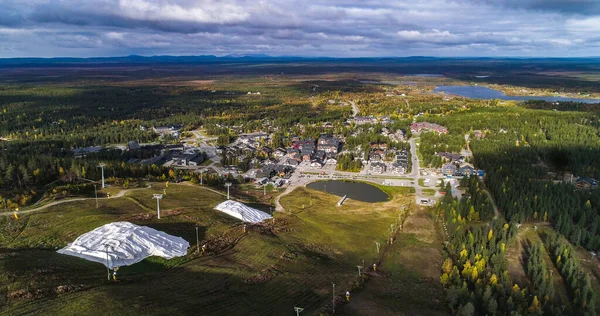 Aerial Drone View Slopes Overlooking Levi Ski Town Partly Sunny — Φωτογραφία Αρχείου
