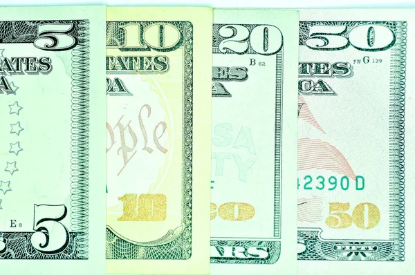 Uma Visão Superior Cinco Dez Vinte Cinquenta Notas Dólar — Fotografia de Stock