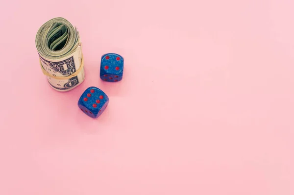 Bundle Rolled American Banknotes Two Dice Isolated Pink Background — Stock Photo, Image