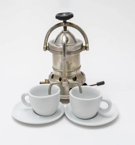 Egy Függőleges Lövés Egy Vintage Kávéfőző Gép Csészékkel — Stock Fotó