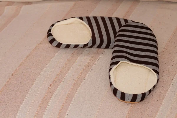 High Angle Shot Pair Striped Warm Slippers — Stock Photo, Image