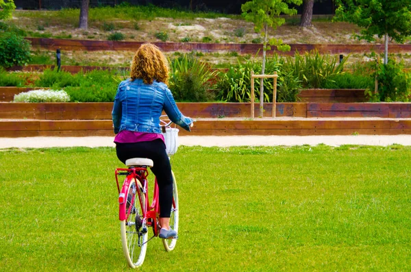 Вид Сзади Женщину Велосипеде Парке — стоковое фото