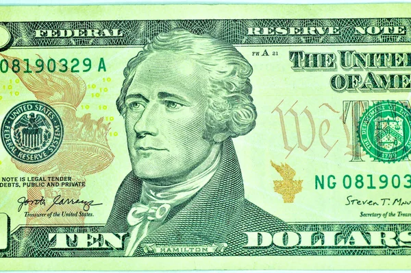 白い背景に孤立した10ドル紙幣のトップビューショット — ストック写真