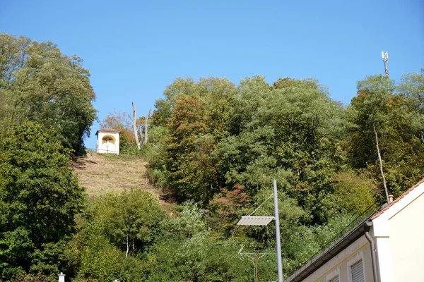 Eine Flache Aufnahme Einer Ländlichen Gemeinde Mit Wald Einem Sonnigen — Stockfoto