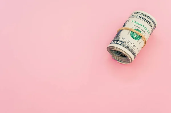 Top View Shot Bundle Rolled American Banknotes Isolated Pink Background — Stock Photo, Image