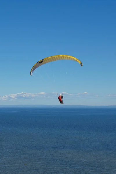 Een Verticaal Schot Van Een Persoon Paragliding Boven Zee Onder — Stockfoto