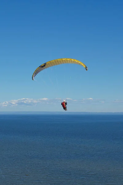 Вертикальний Знімок Людини Яка Парапланує Над Морем Під Сонячним Світлом — стокове фото