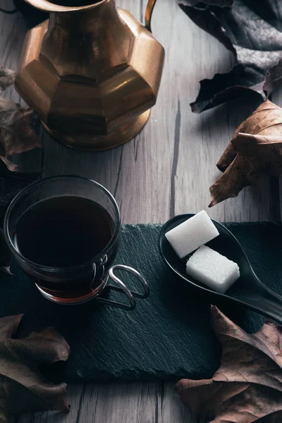 Top View Cup Hot Tea Sugar Cubes Wooden Surface — Stock Photo, Image