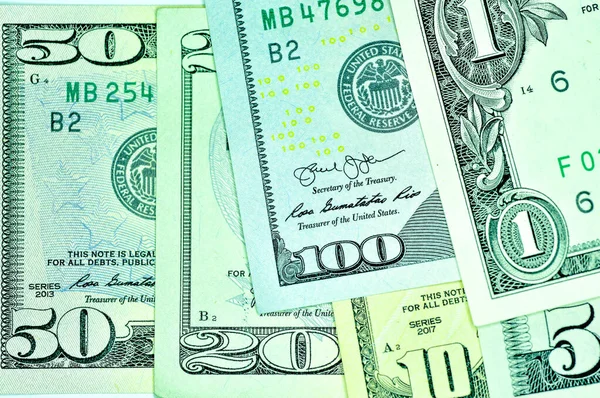 Вид Сверху Один Пять Десять Двадцать Пятьдесят Сто Долларов Банкноты — стоковое фото