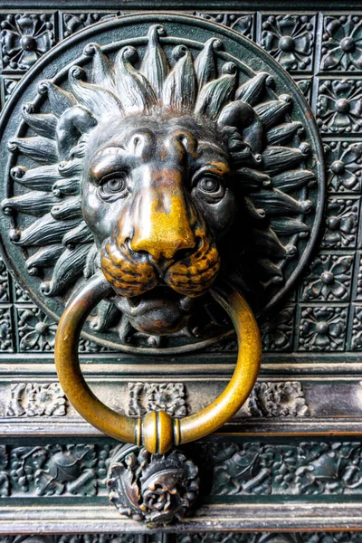 Αρχαία Πόρτα Γνωρίζουν Ένα Πρόσωπο Λιονταριού Και Ένα Χάλκινο Δαχτυλίδι — Φωτογραφία Αρχείου