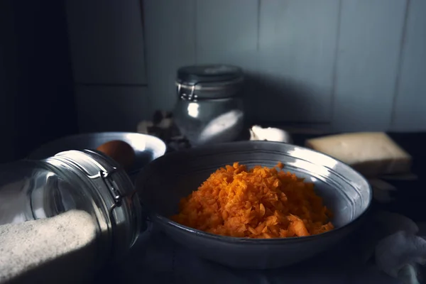 Close Abóbora Picada Farinha Queijo Sal Para Preparar Almôndegas Abóbora — Fotografia de Stock