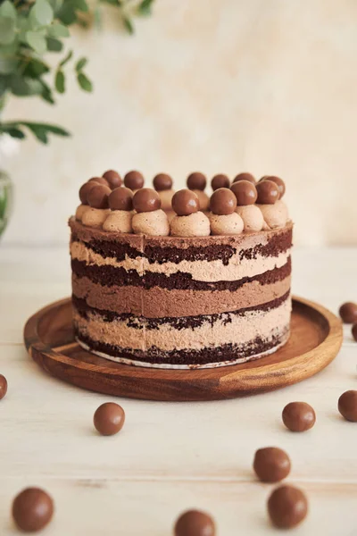 Tiro Vertical Delicioso Bolo Chocolate Com Bolas Choco Creme Uma — Fotografia de Stock