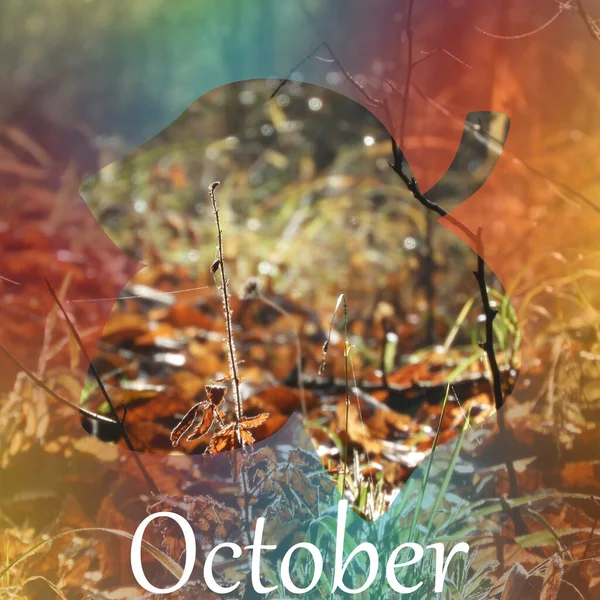 Kontur Ett Blad Med Oktober Skriven Mot Suddig Färgstark Bakgrund — Stockfoto