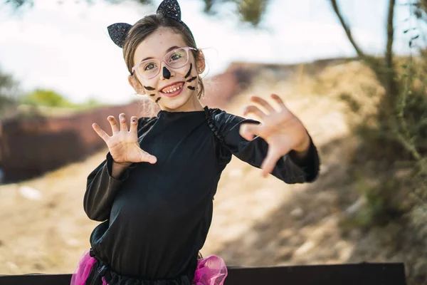 Retrato Una Linda Niña Usando Disfraz Gato Halloween —  Fotos de Stock