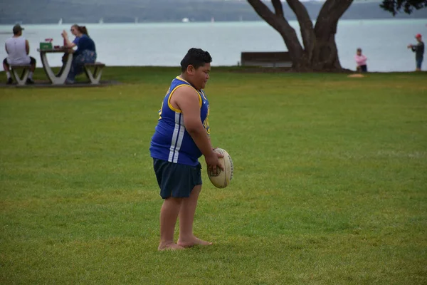 Auckland New Zealand Nov 2020 View Boy Playing Regby Ball — стоковое фото