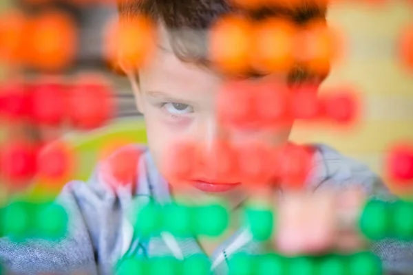 Little Caucasian Baby Boy Looking Angry Frustrated While Playing Abacus — Stock Photo, Image