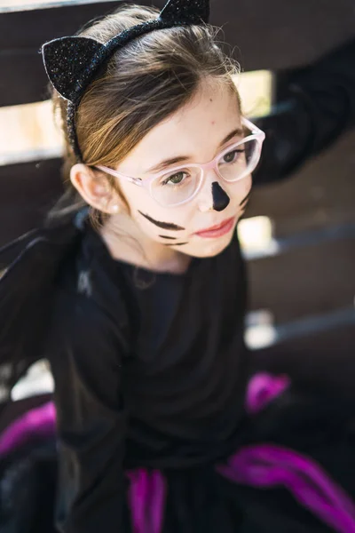 Retrato Una Linda Niña Usando Disfraz Gato Halloween Con Cara —  Fotos de Stock