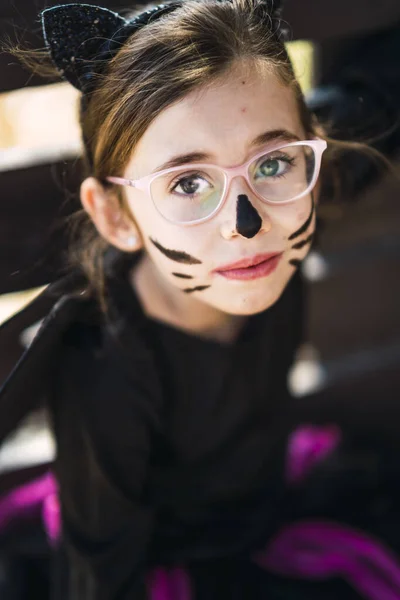 Retrato Una Linda Niña Usando Disfraz Gato Halloween Con Cara —  Fotos de Stock