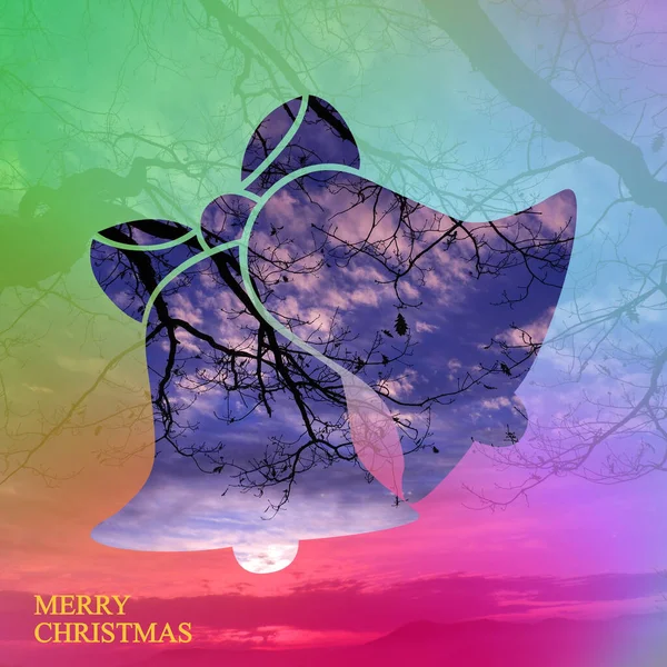 Pair Bells Trees Colorful Background Merry Christmas Written Bottom — Stock Photo, Image