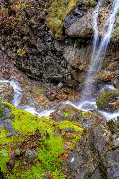 Beautiful View Tiny Waterfall Water Flowing Rocks Covered Moss Allgaeu — Stock Photo, Image