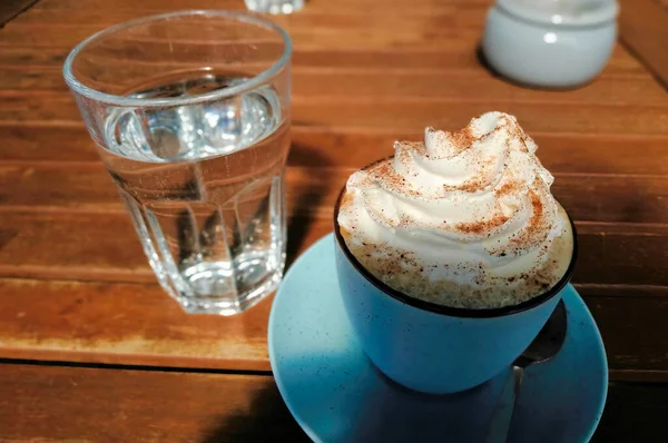 High Angle Shot Cup Coffee Whipped Cream Table Glass Water — Stock fotografie