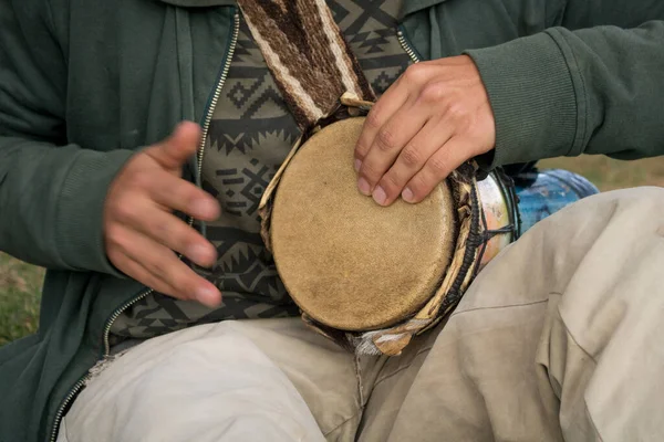 Closeup Musician Man Playing Goblet Drum Musical Instrument — Stock Photo, Image