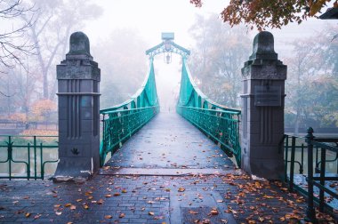 OPOLE, POLAND - Oct 29, 2020: old bridge in the city early morning in fog clipart