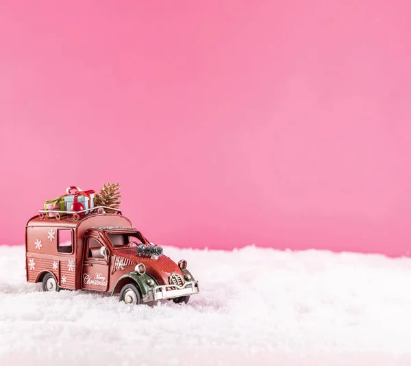 Tiro Close Carro Brinquedo Para Decoração Natal Neve — Fotografia de Stock