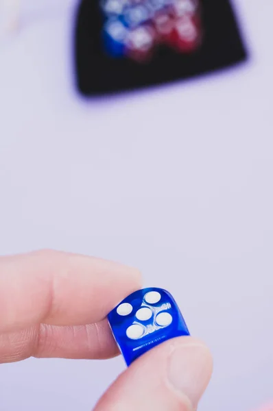 Vertical Shoat Hand Holding Blue Dice Isolated White Background — Stock Photo, Image