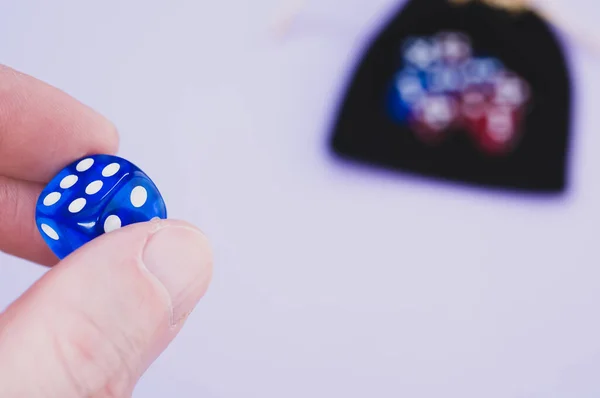 Closeup Shoat Hand Holding Blue Dice Isolated White Background — Stock Photo, Image