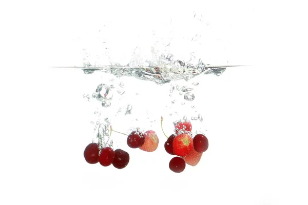Group Juicy Red Cherries Splashing Water — Stock Photo, Image