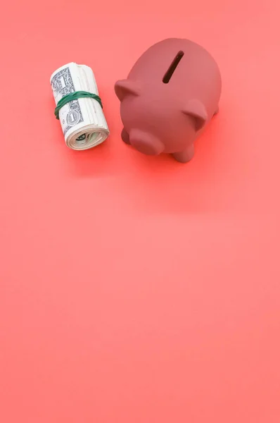 一垂直镜头的美元钞票和一个小猪银行在红色的表面上 — 图库照片