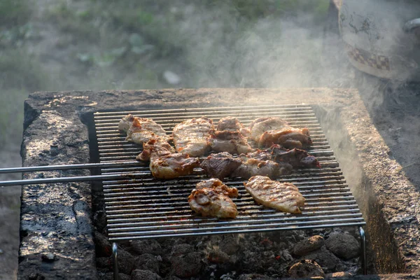 Uma Pessoa Fazendo Churrasco Com Carne Porco Livre — Fotografia de Stock