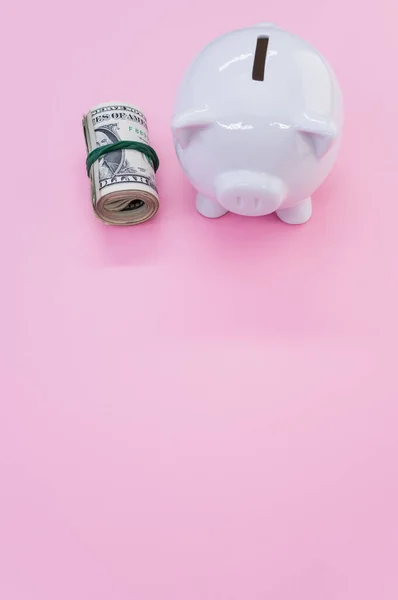 在粉红的表面上垂直地拍摄一帧美元钞票和一个小猪银行 — 图库照片