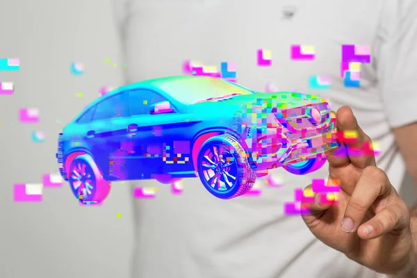 車の3Dレンダリングに触れるビジネスマンの手 — ストック写真